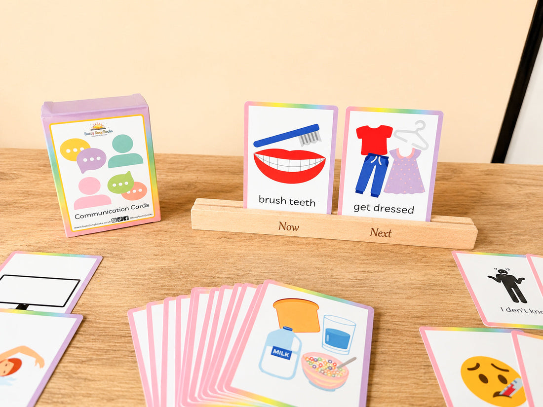 Now and next stand with communication flashcards showing a child's routine