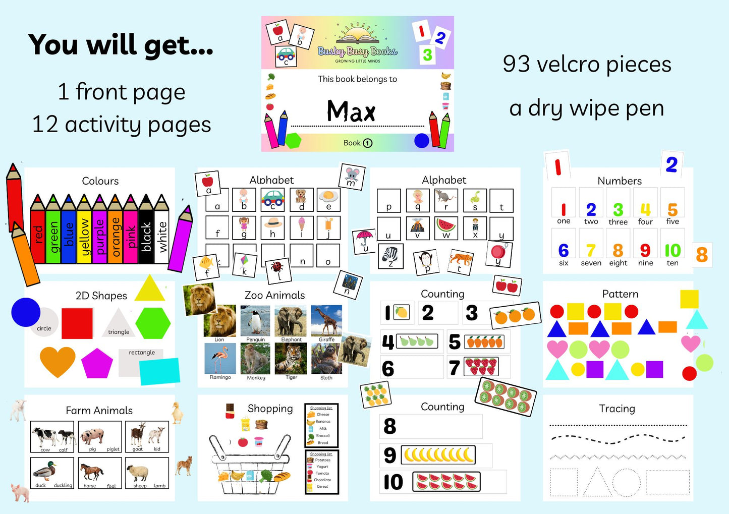 Toddler busy book with reusable velcro activity pages for ages 2-4