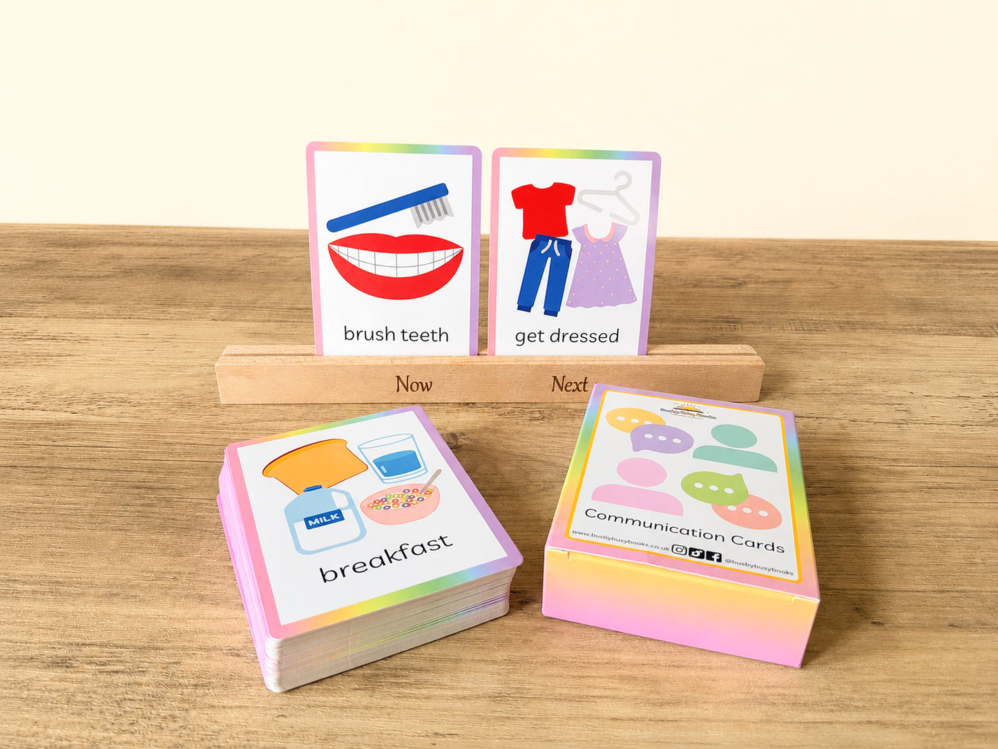 Now and next stand with communication flashcards for SEN