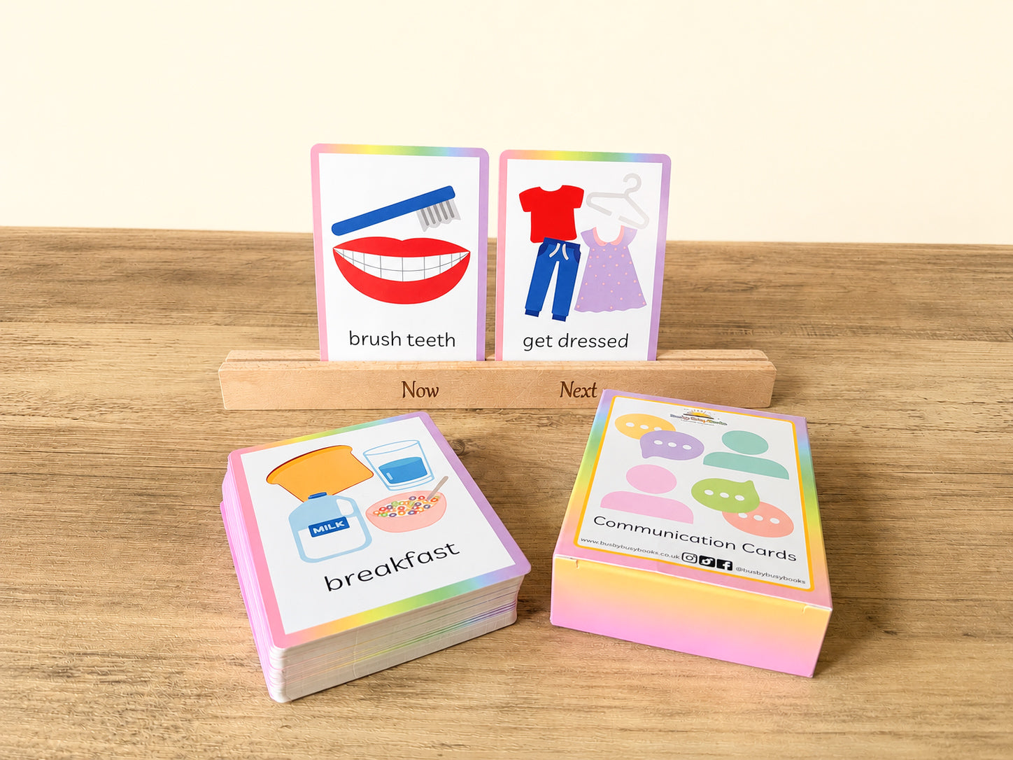 Now and next stand with communication flashcards for SEN