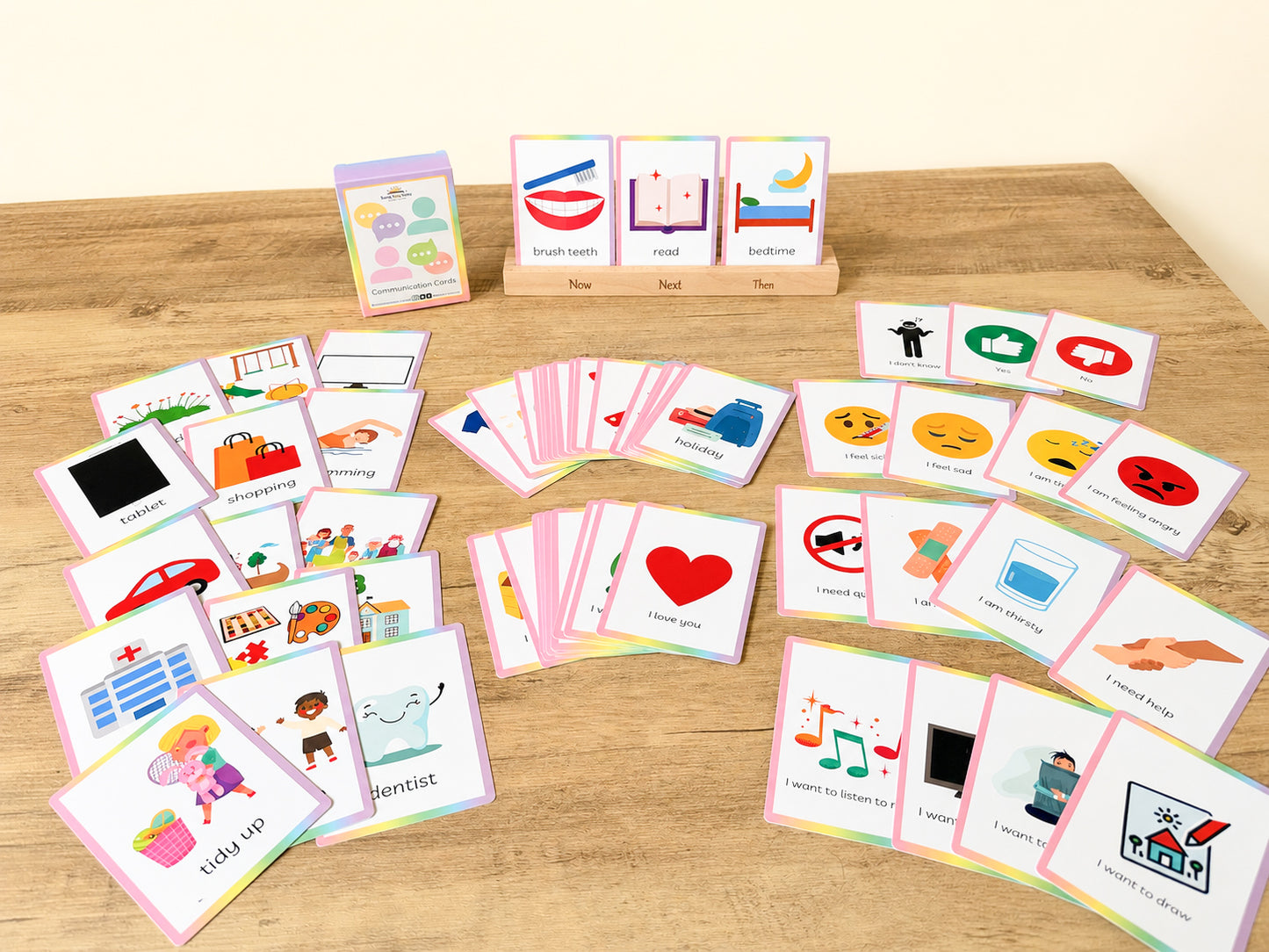 Now and next stand with communication flashcards for SEN