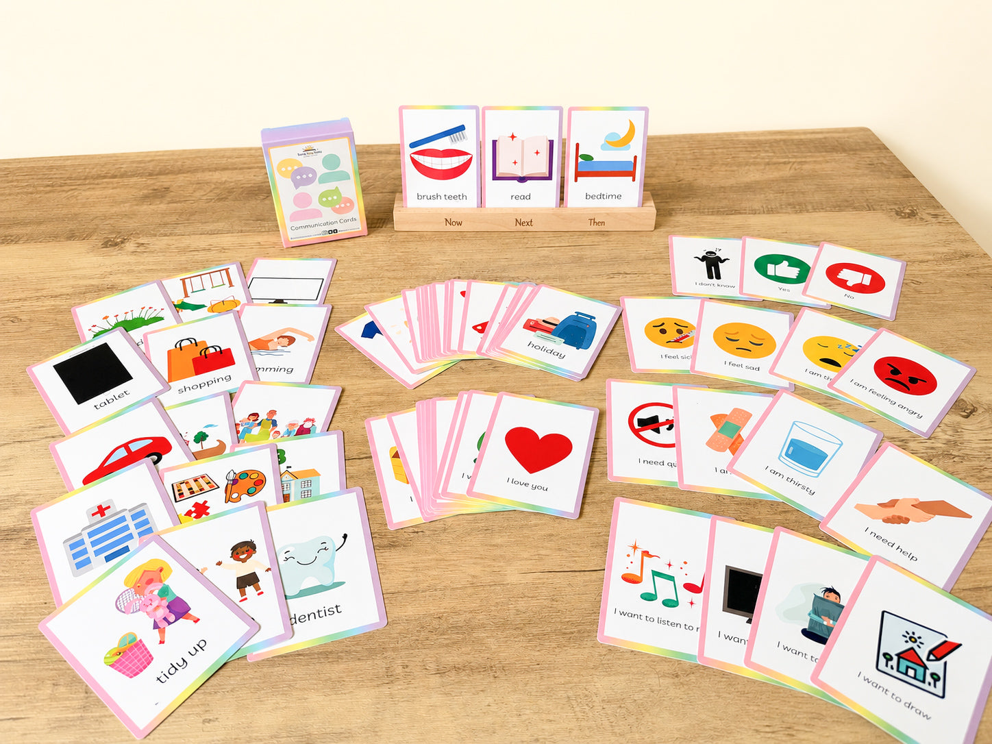 Now and next stand with communication flashcards for SEN