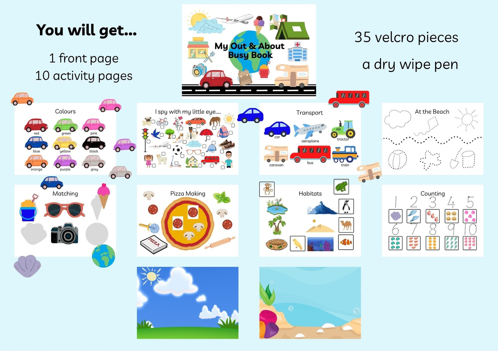 Out and about travel busy book with reusable velcro activities