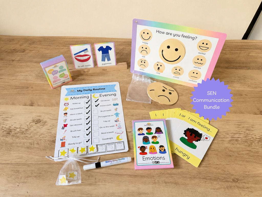 SEN communication bundle of flashcards and now and next stand