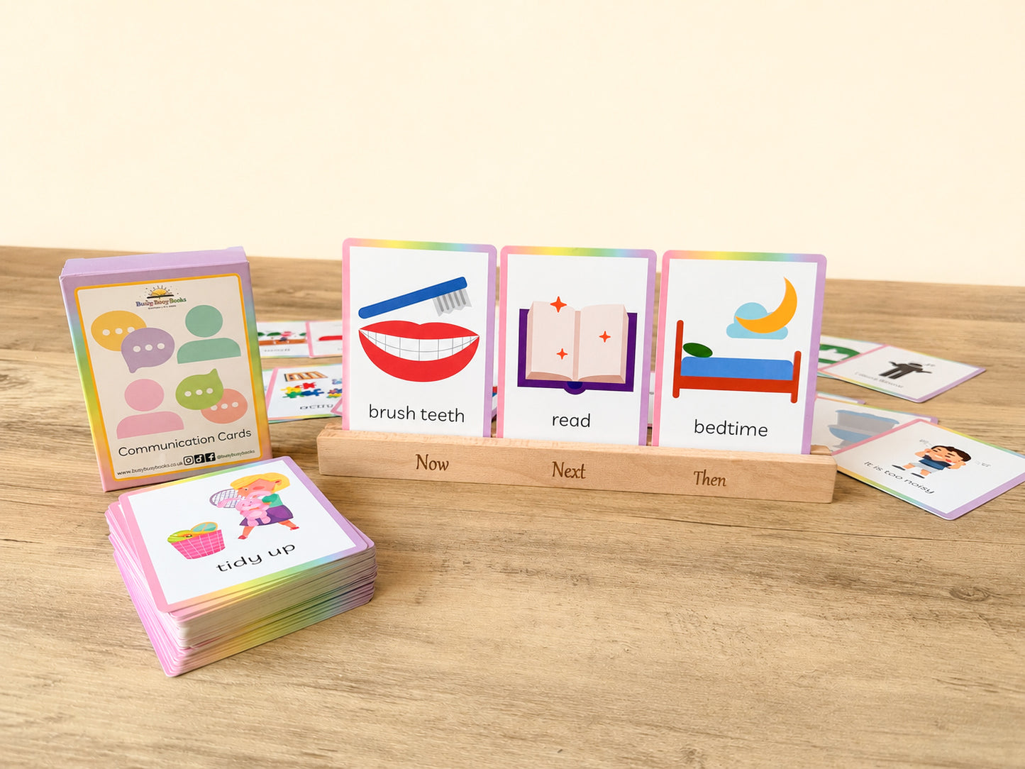 Now and next stand with communication flashcards for SEN