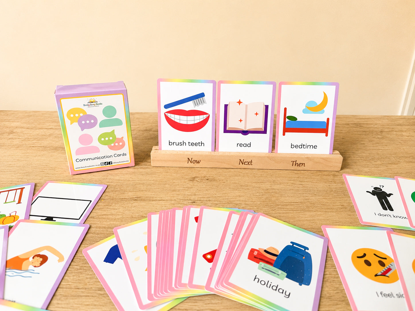 SEN communication bundle of flashcards and now and next stand