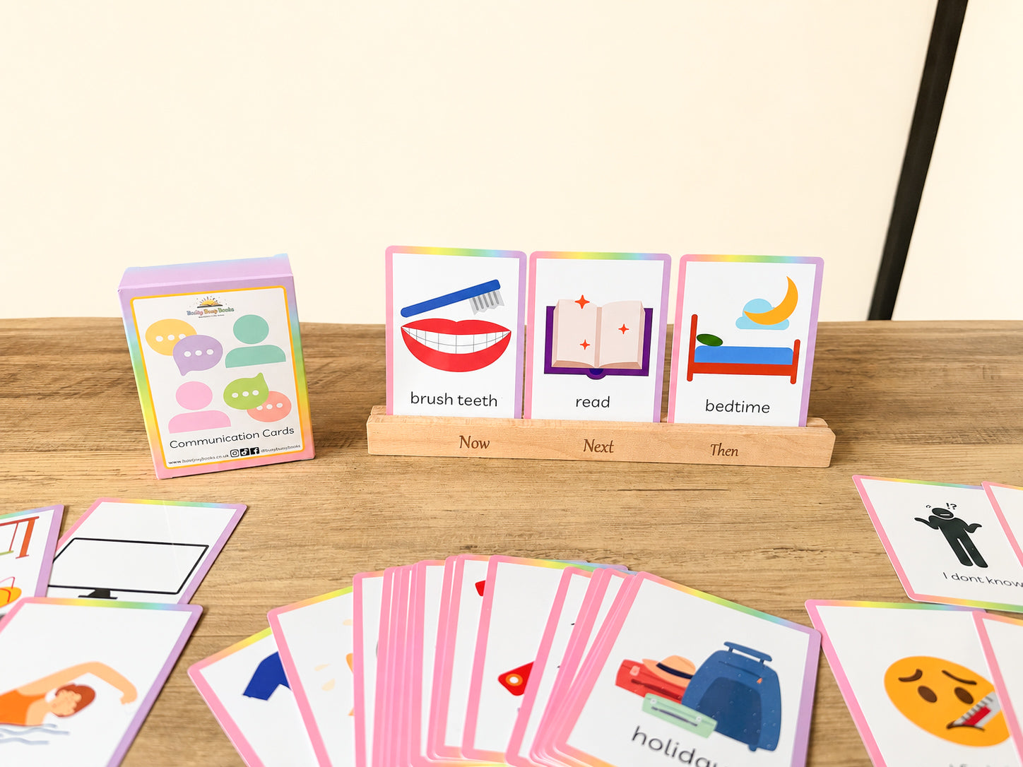 Now and next stand with communication flashcards for SEN