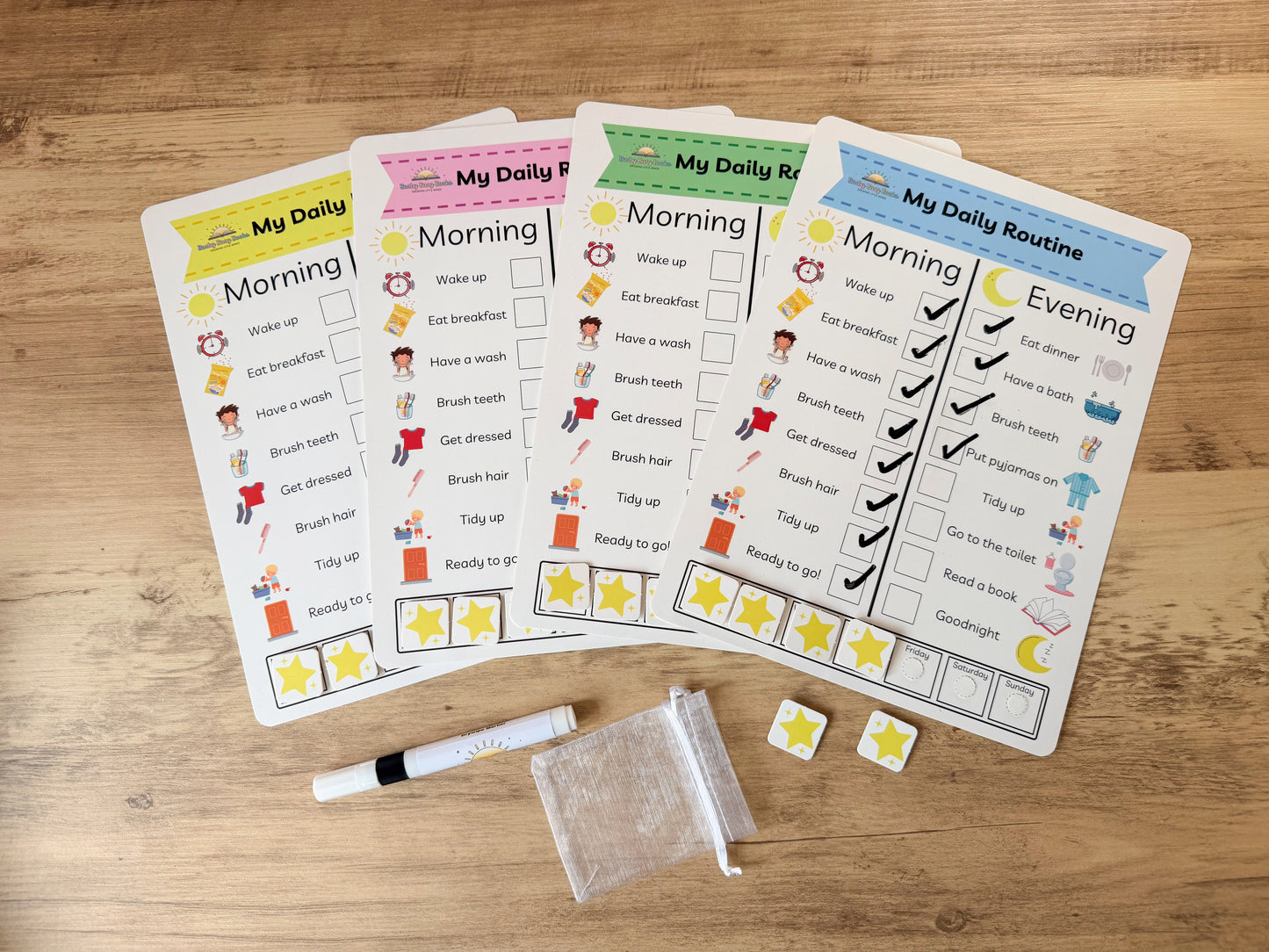 Daily routine chart with velcro pieces for children