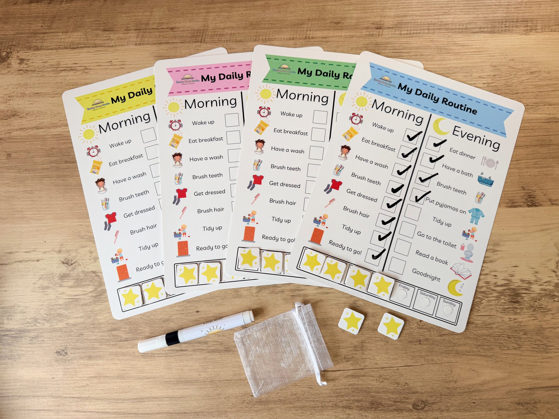 Daily routine chart with velcro pieces for children