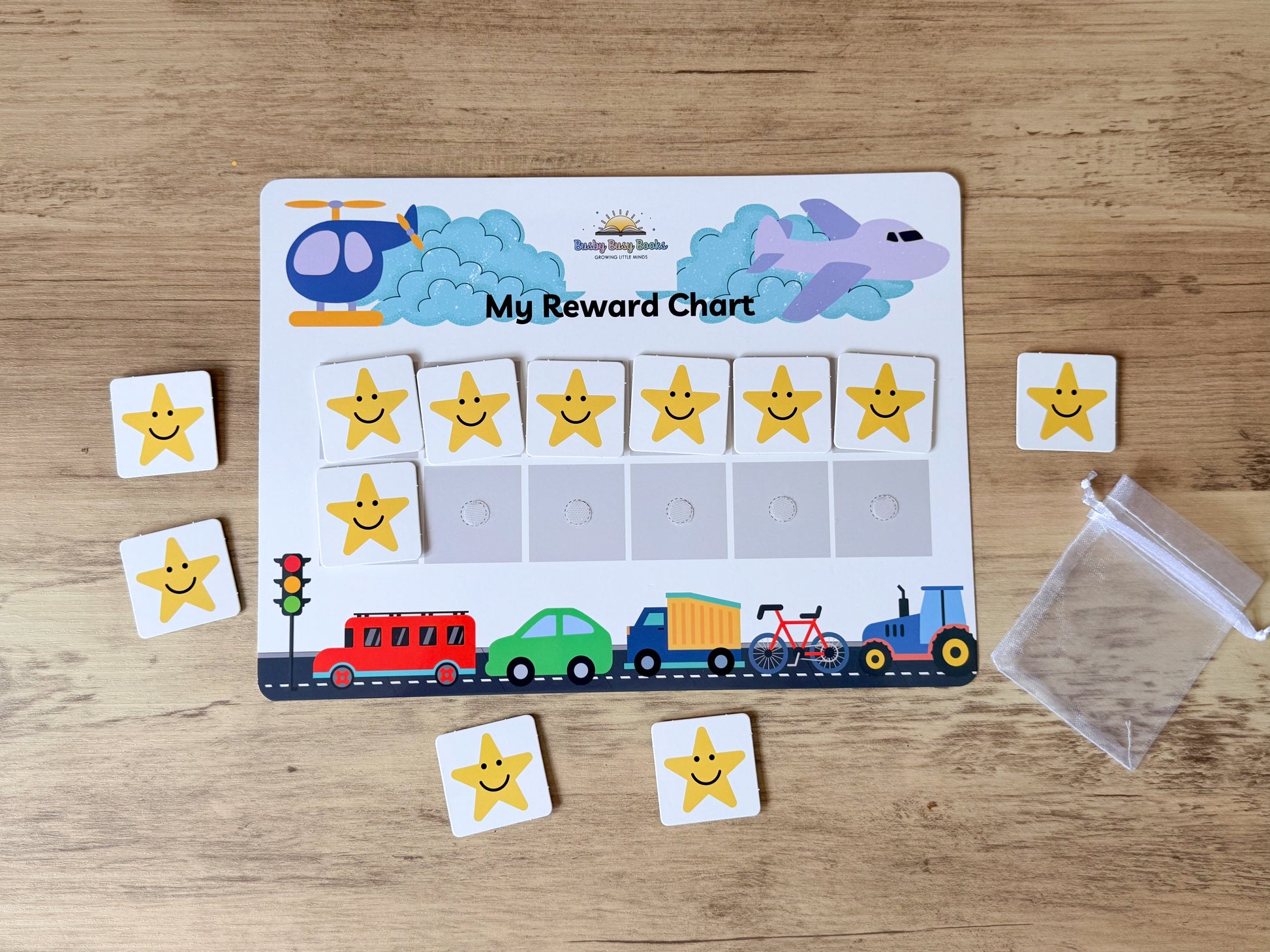 Transport themed reward chart with velcro stars for children
