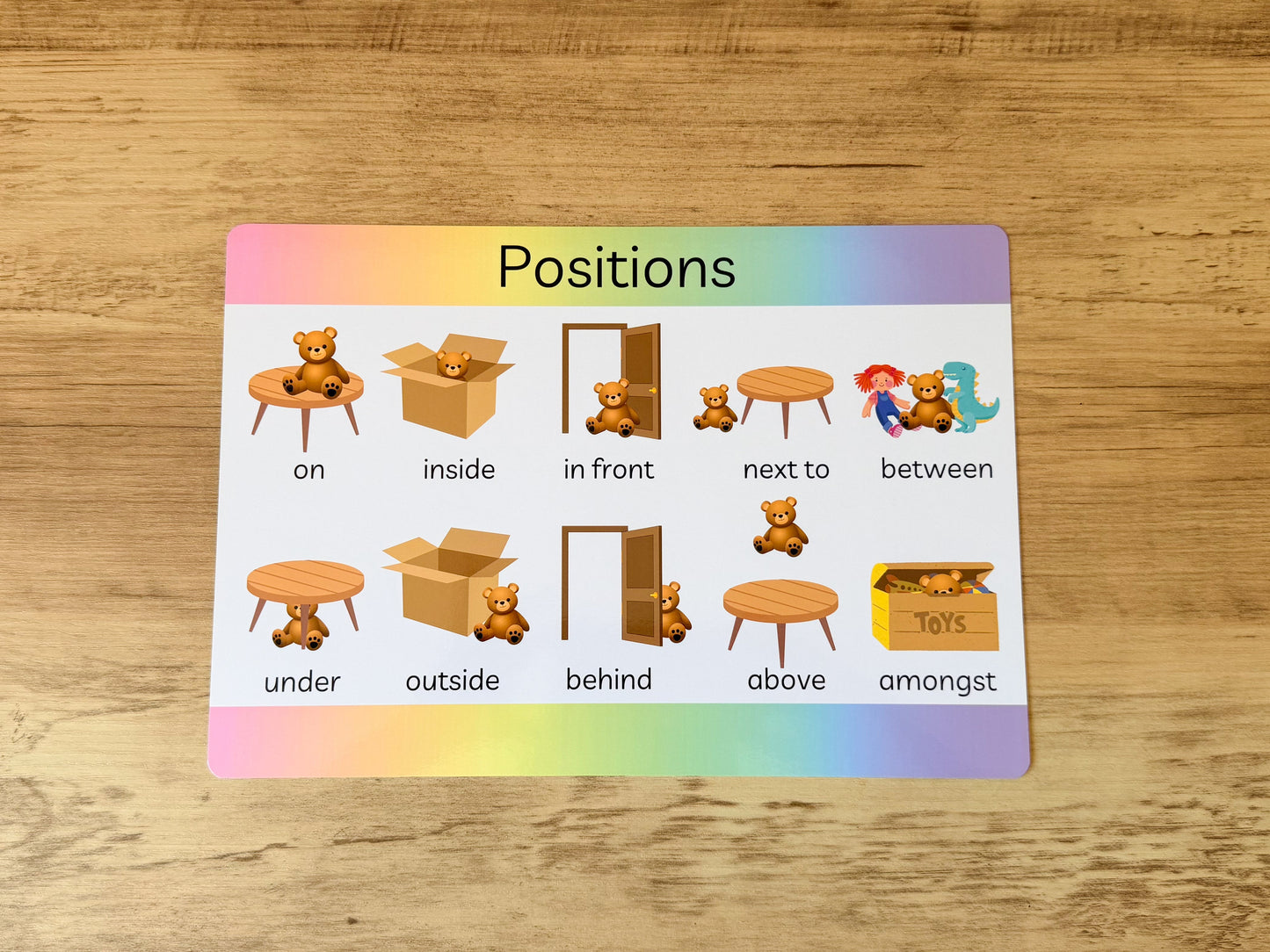 Positions mat teaching on, under and behind for maths and language