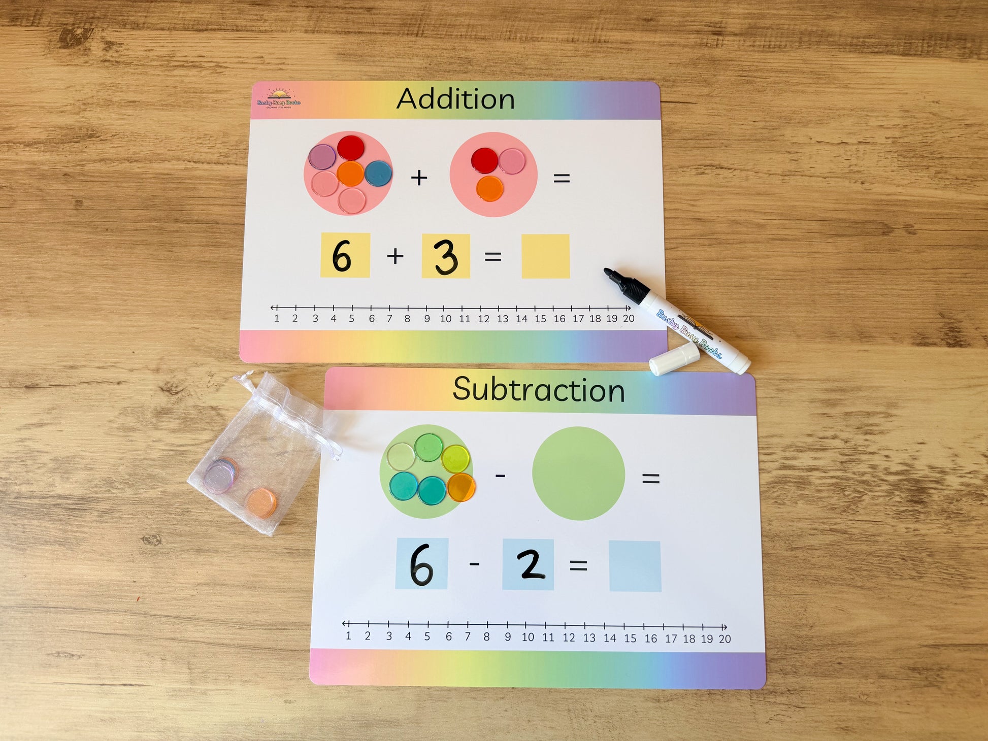 Addition and subtraction mat with counters for KS1 maths