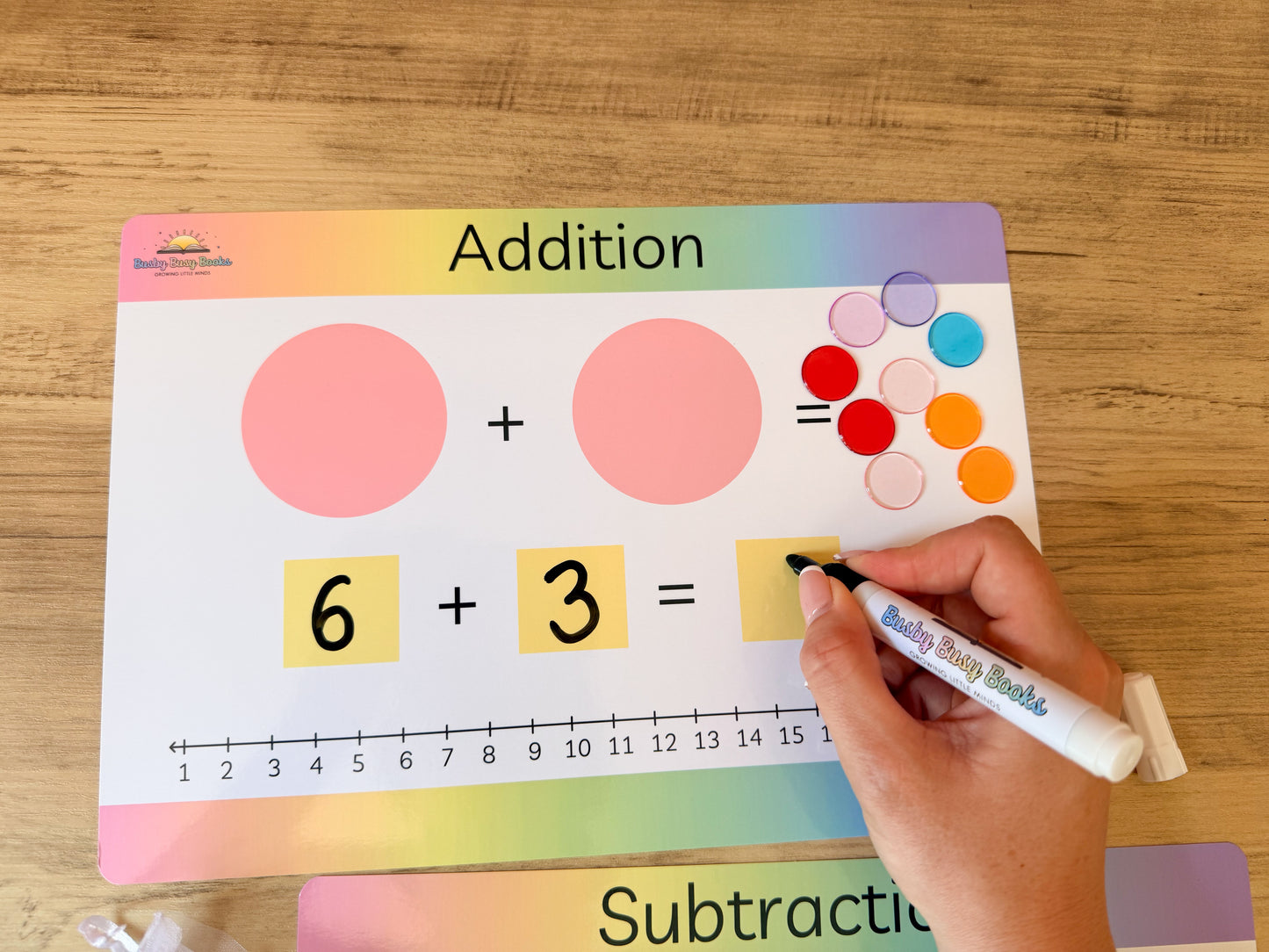 Addition and subtraction mat with counters for KS1 maths