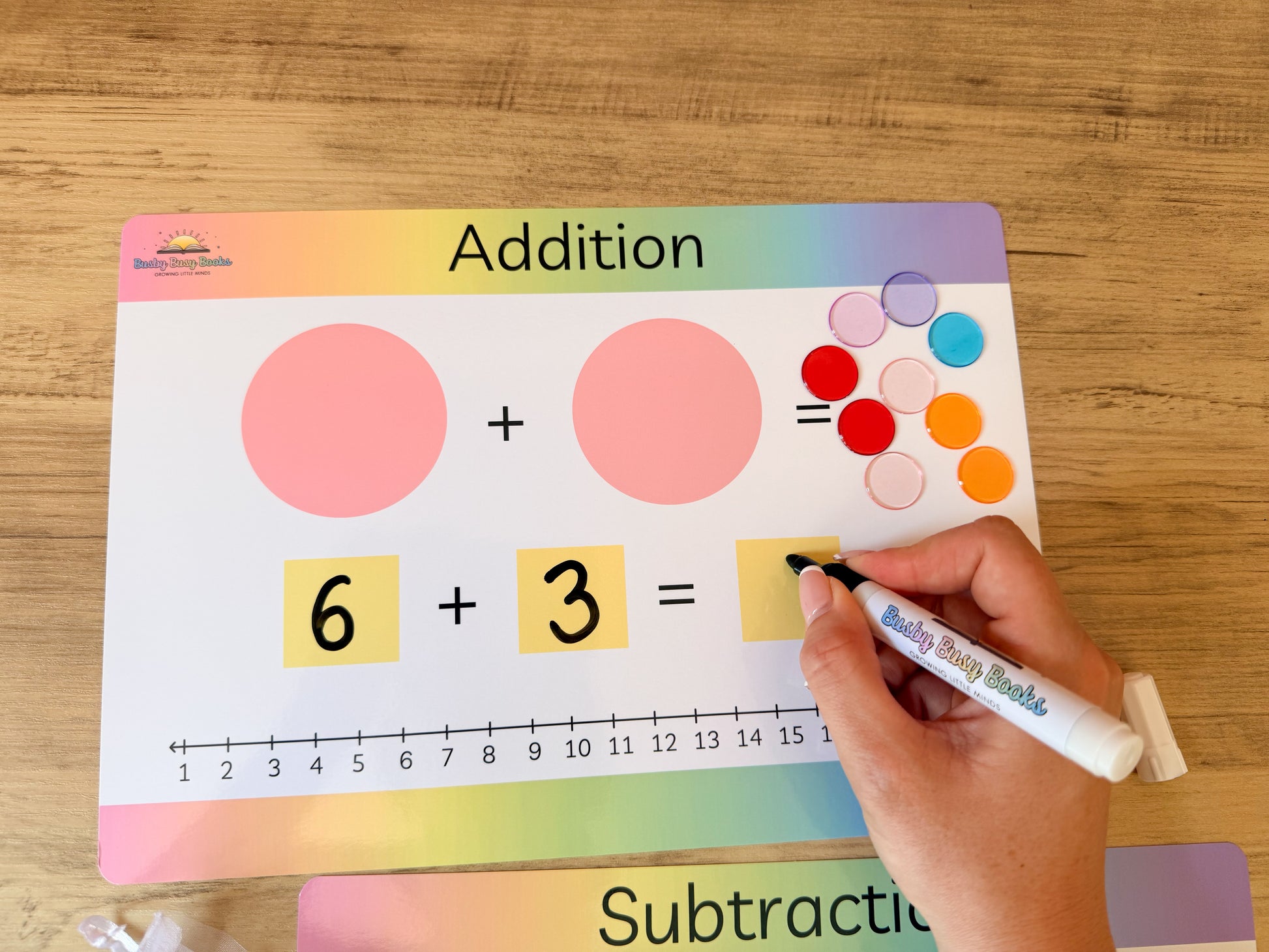 Addition and subtraction mat with counters for KS1 maths