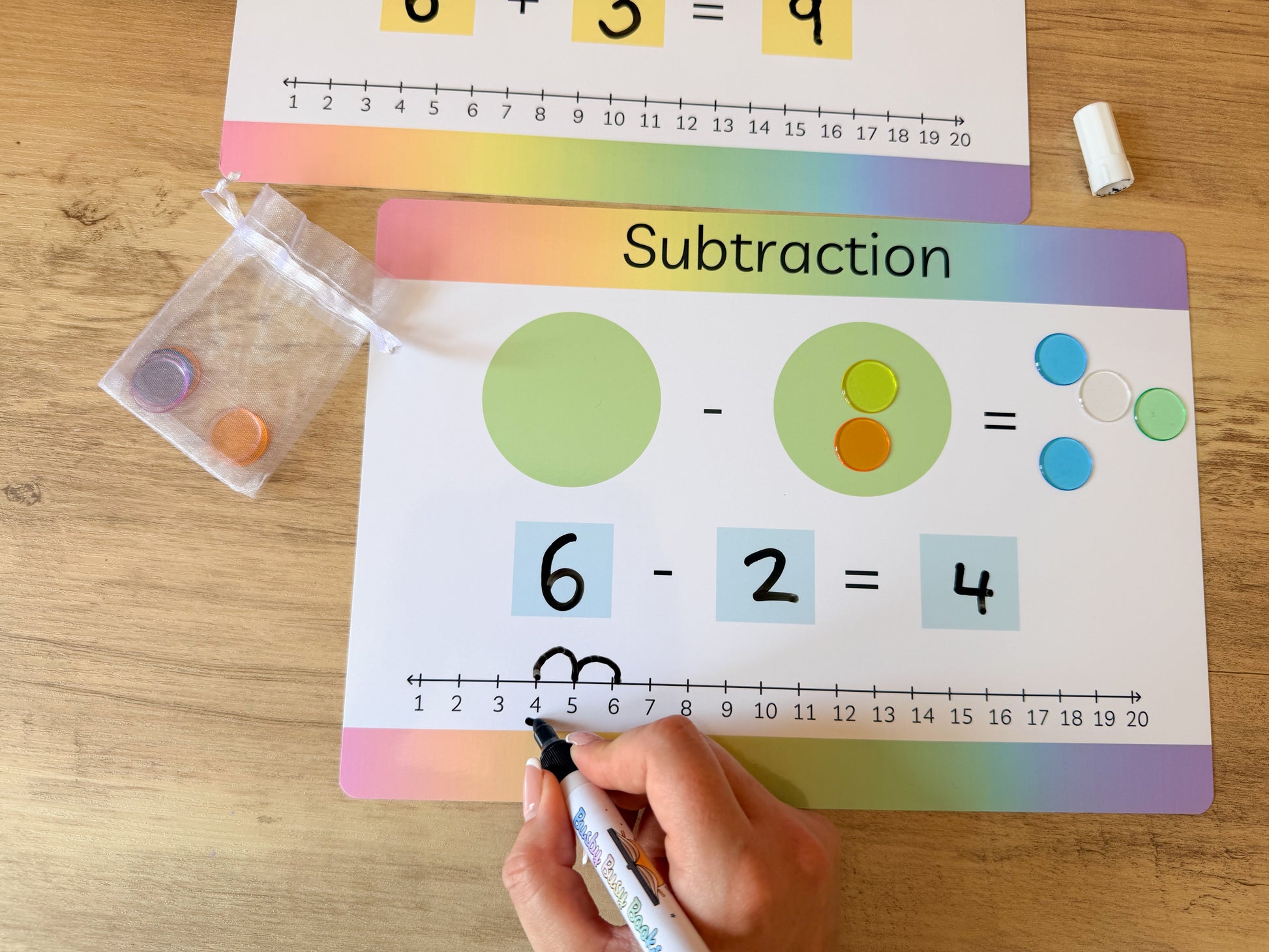 Addition and subtraction mat with counters for KS1 maths