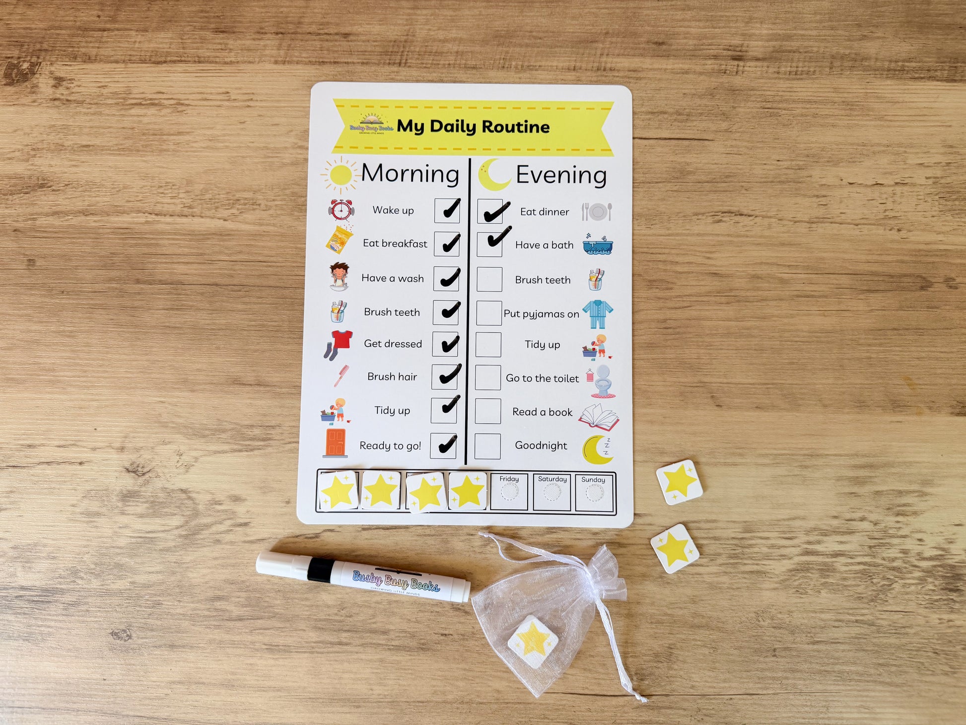 Daily routine chart with velcro pieces for children