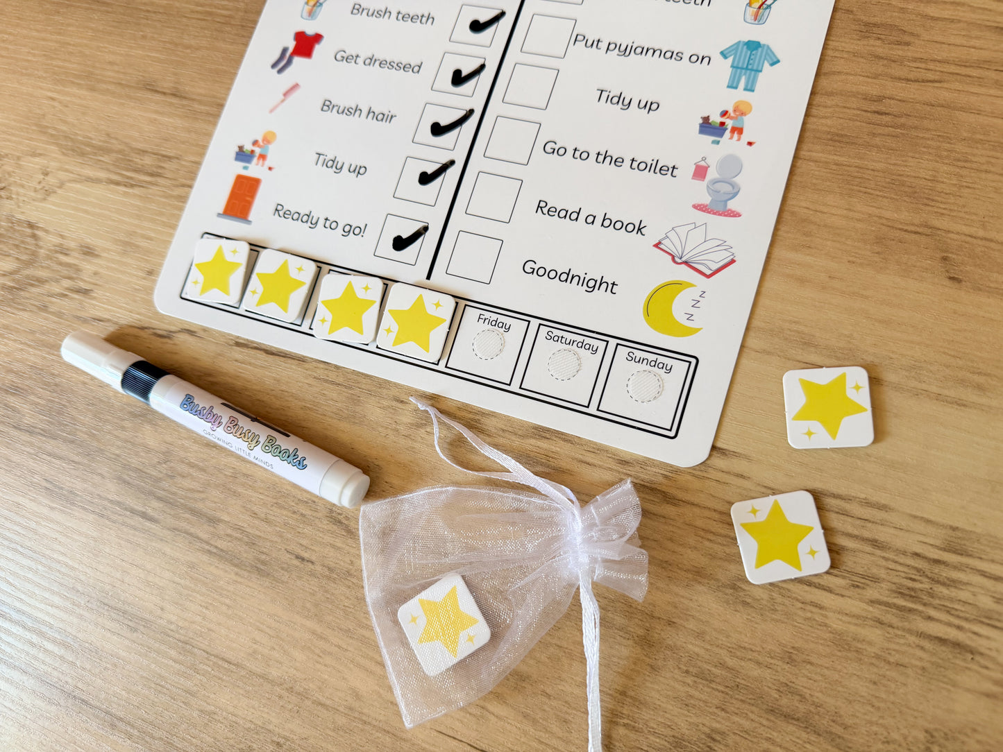Daily routine chart with velcro pieces for children