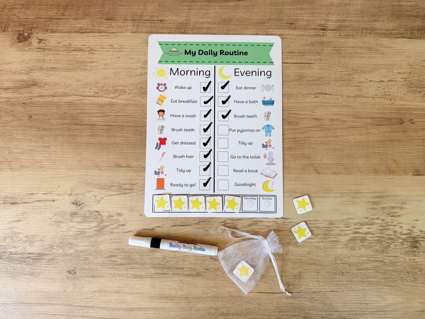 Daily routine chart with velcro pieces for children