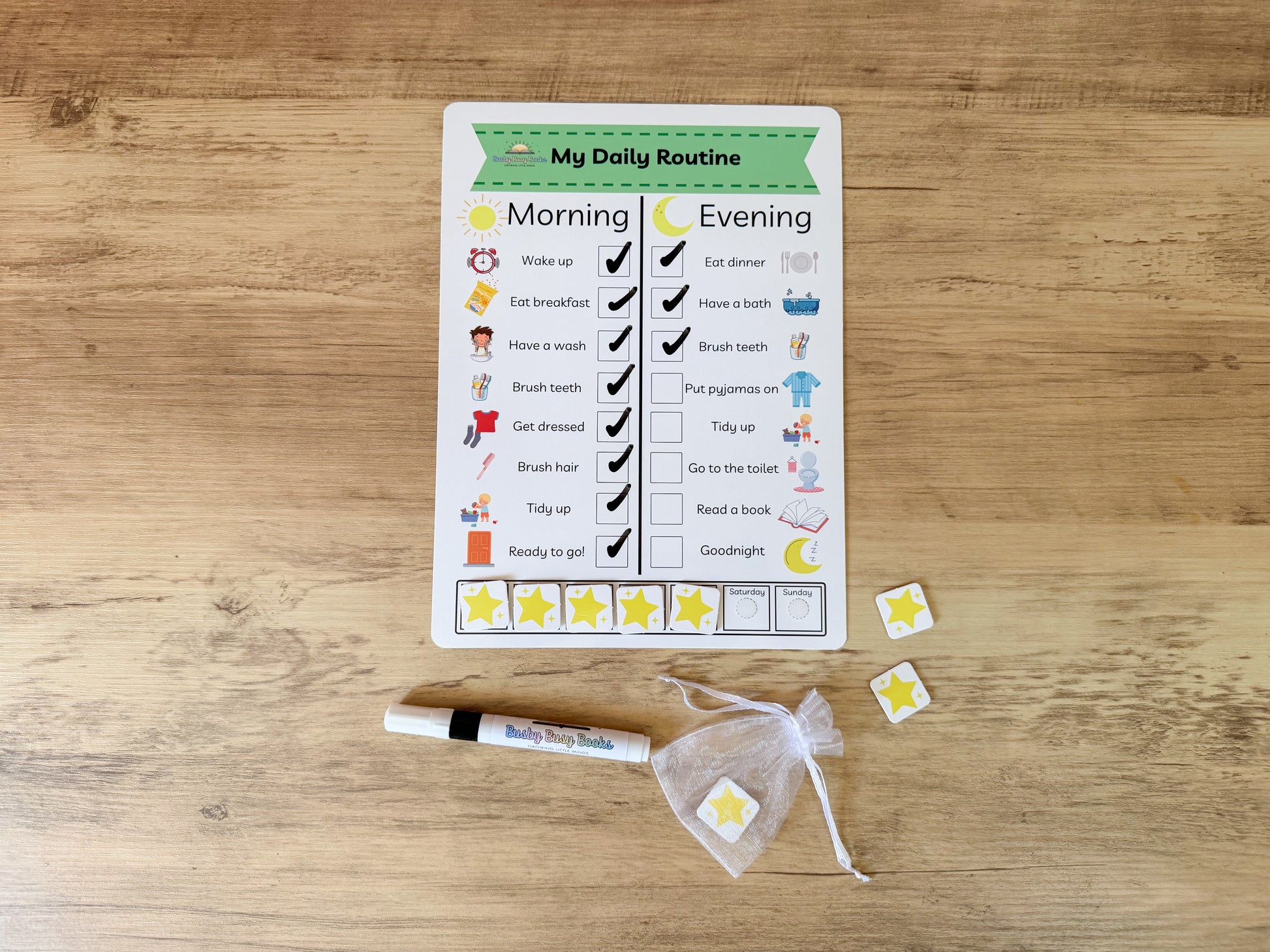 Daily routine chart with velcro pieces for children