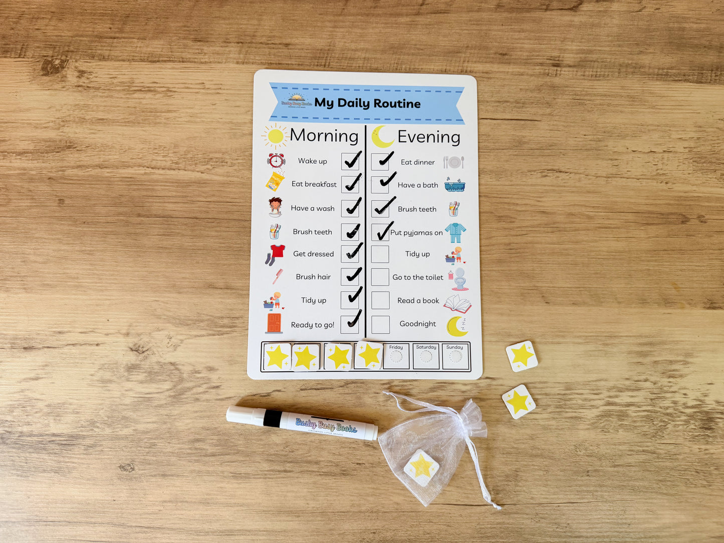 Daily routine chart with velcro pieces for children