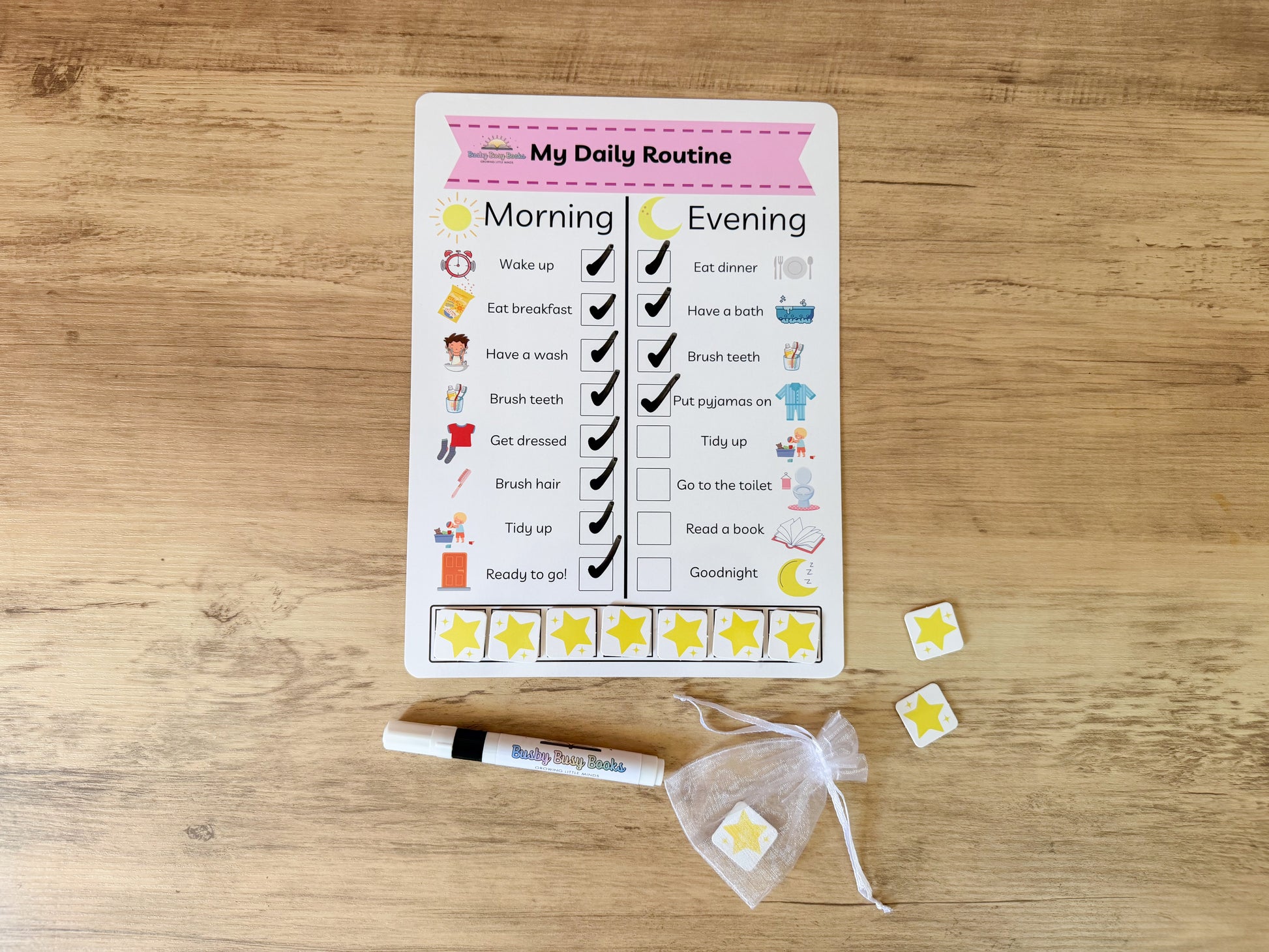 Daily routine chart with velcro pieces for children