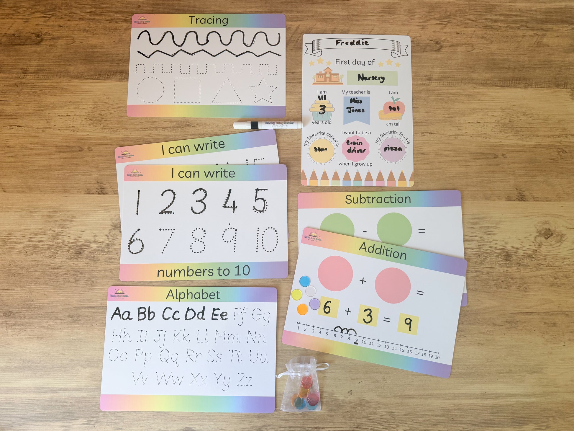 Starting school pack with first day sign and learning mats