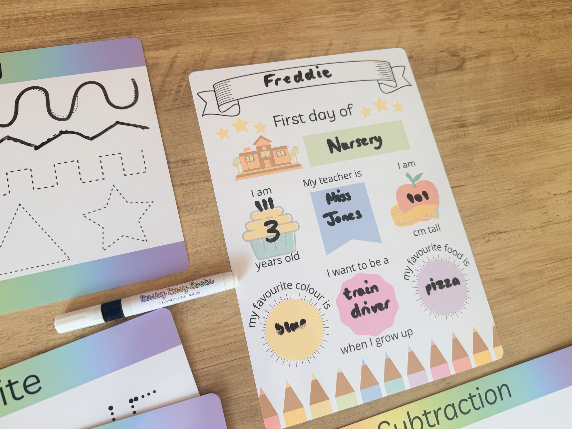 Starting school pack with first day sign and learning mats